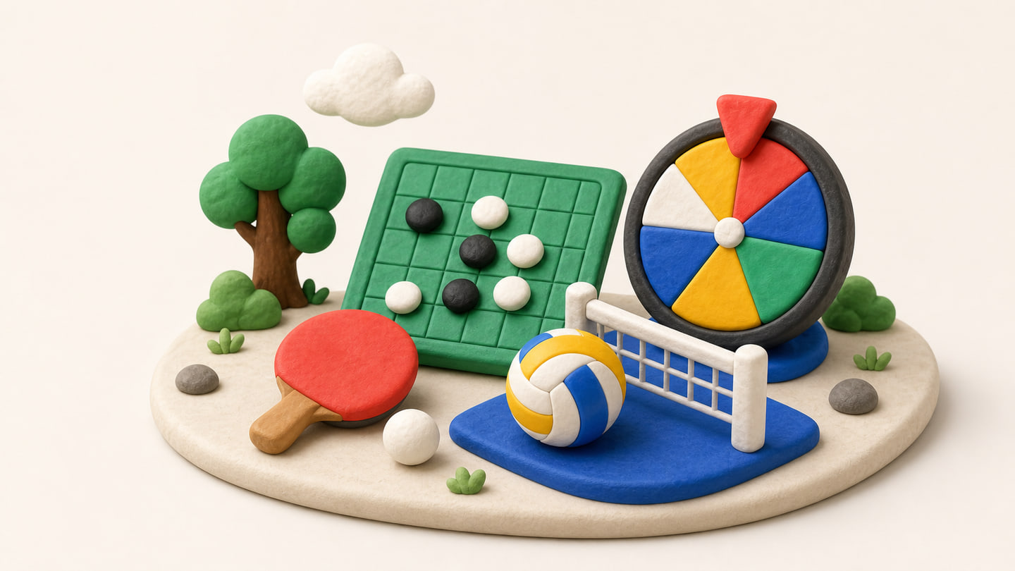 오목판, 탁구, 배구와 룰렛을 점토로 표현한 모여PLAY 게임 디오라마